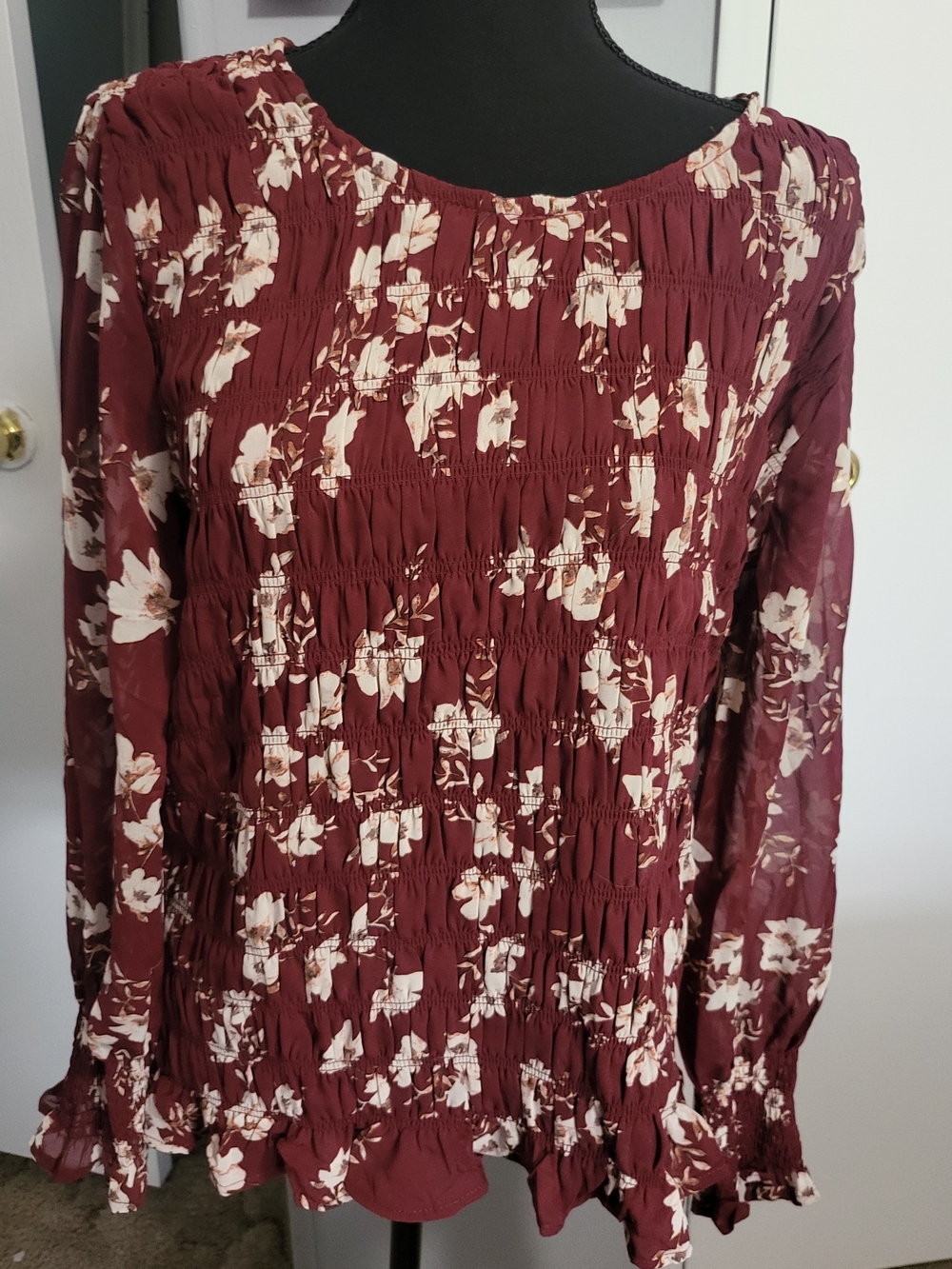 Maurices Burgundy Floral Peasant Top